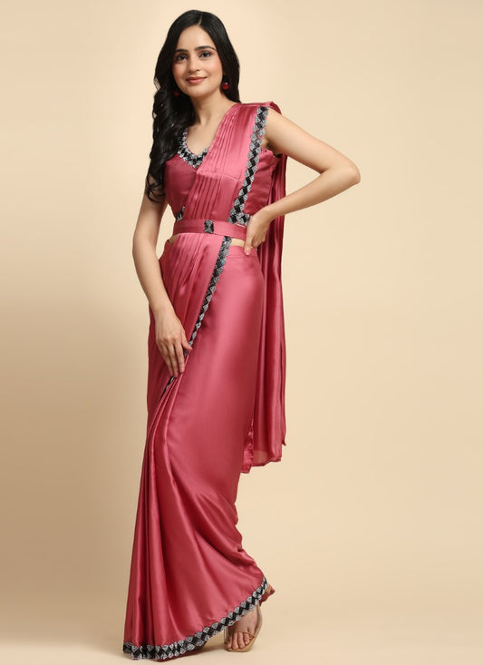 Pink Silk Ready Made Party Wear Saree with Stone Work