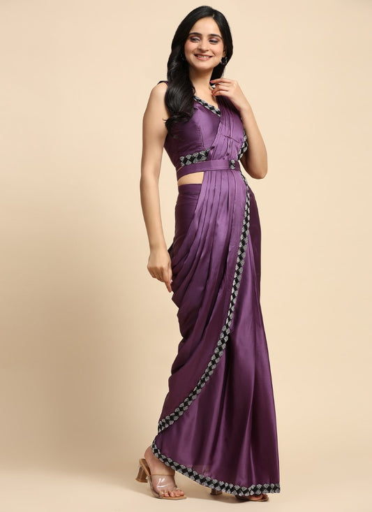 Purple Silk Ready Made Party Wear Saree with Stone Work