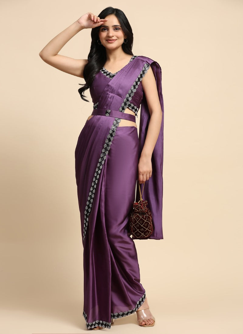 Purple Silk Ready Made Party Wear Saree with Stone Work