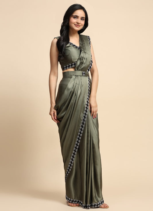 Olive Green Silk Ready Made Party Wear Saree with Stone Work