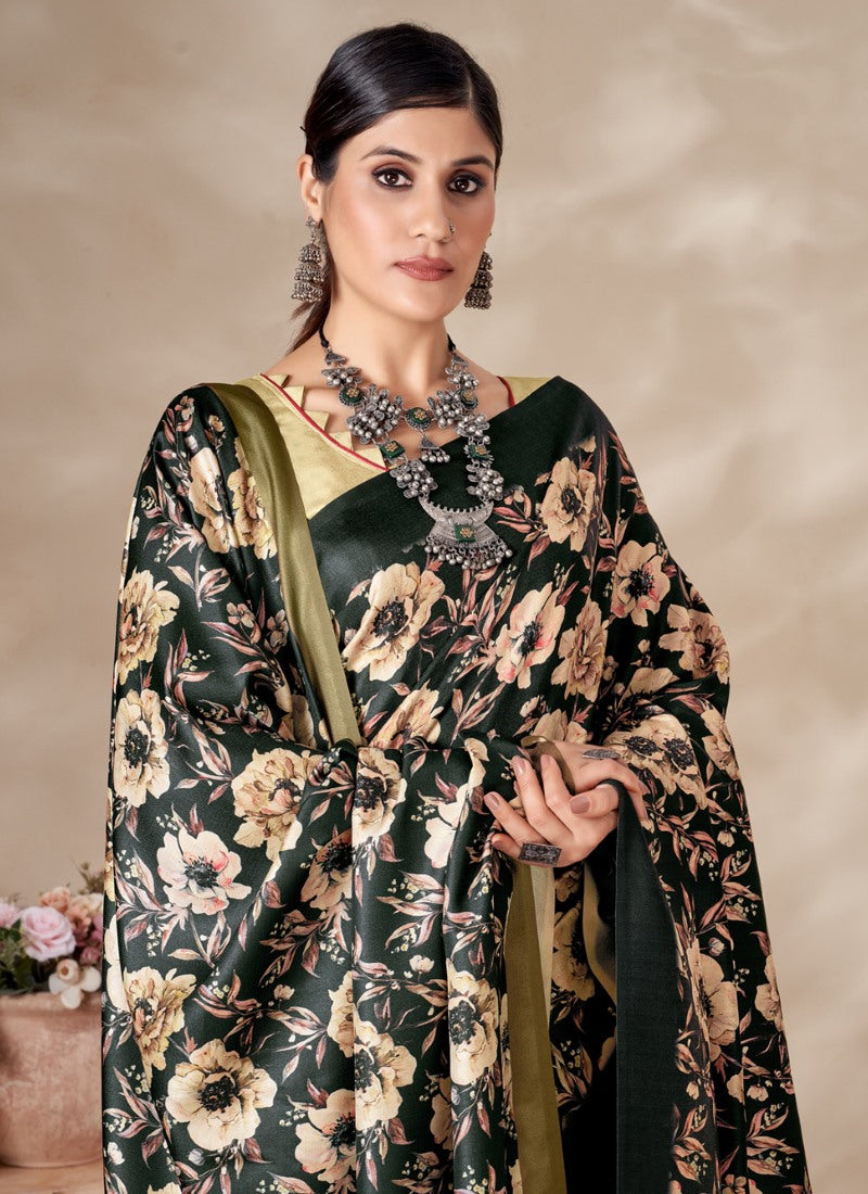 Dark Green Pashmina Saree With Print Work-2