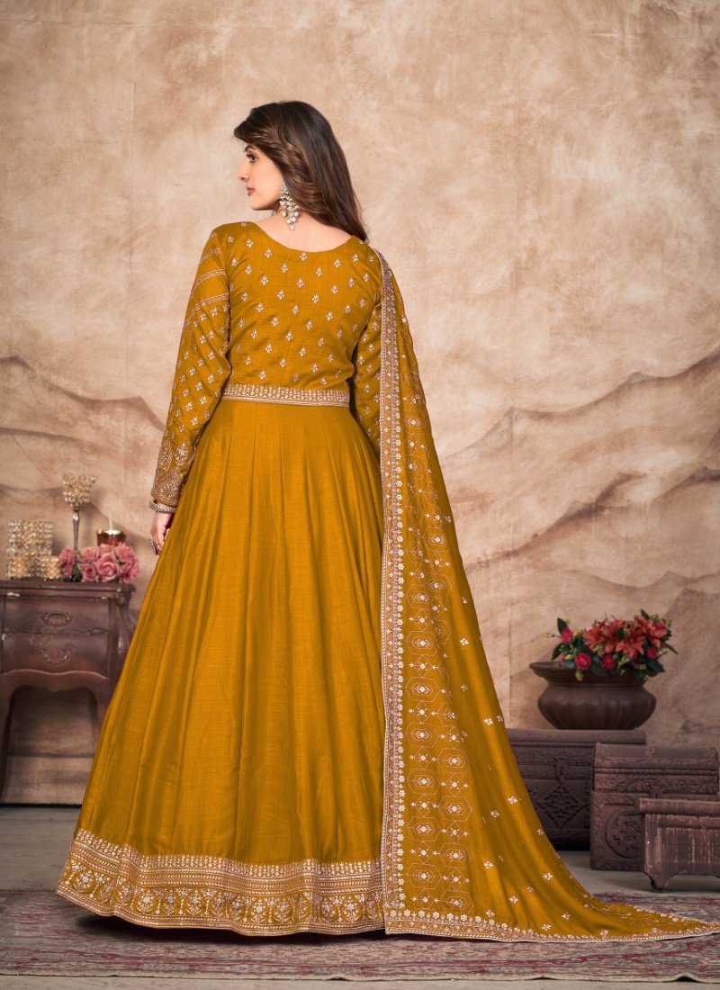 Mustard Art Silk Embroidered Anarkali Suit-2