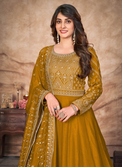 Mustard Art Silk Embroidered Anarkali Suit-2