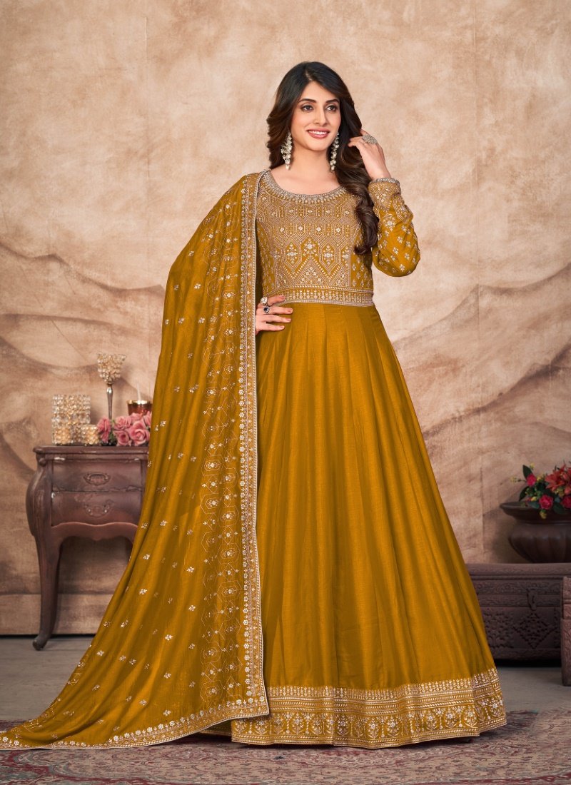 Mustard Art Silk Embroidered Anarkali Suit