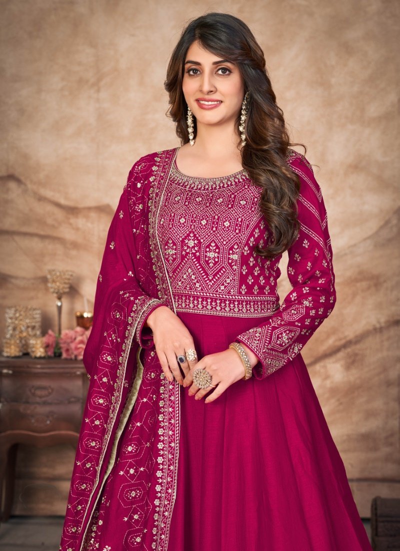 Magenta Art Silk Embroidered Anarkali Suit-2