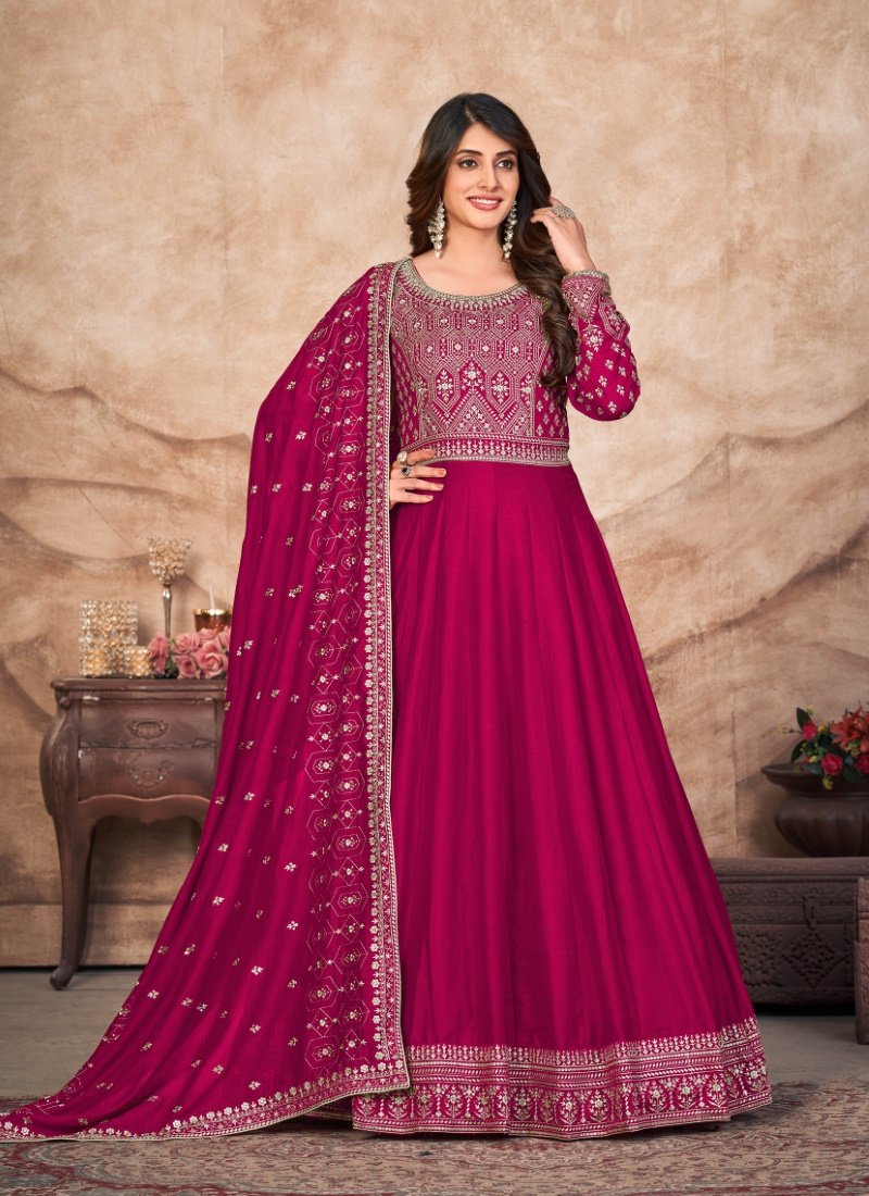 Magenta Art Silk Embroidered Anarkali Suit