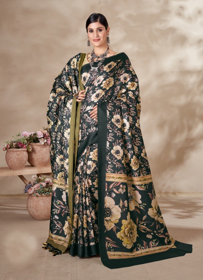 Dark Green Pashmina Saree With Print Work