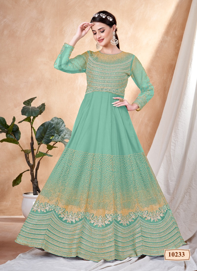 Aqua Embroidered Anarkali Suit