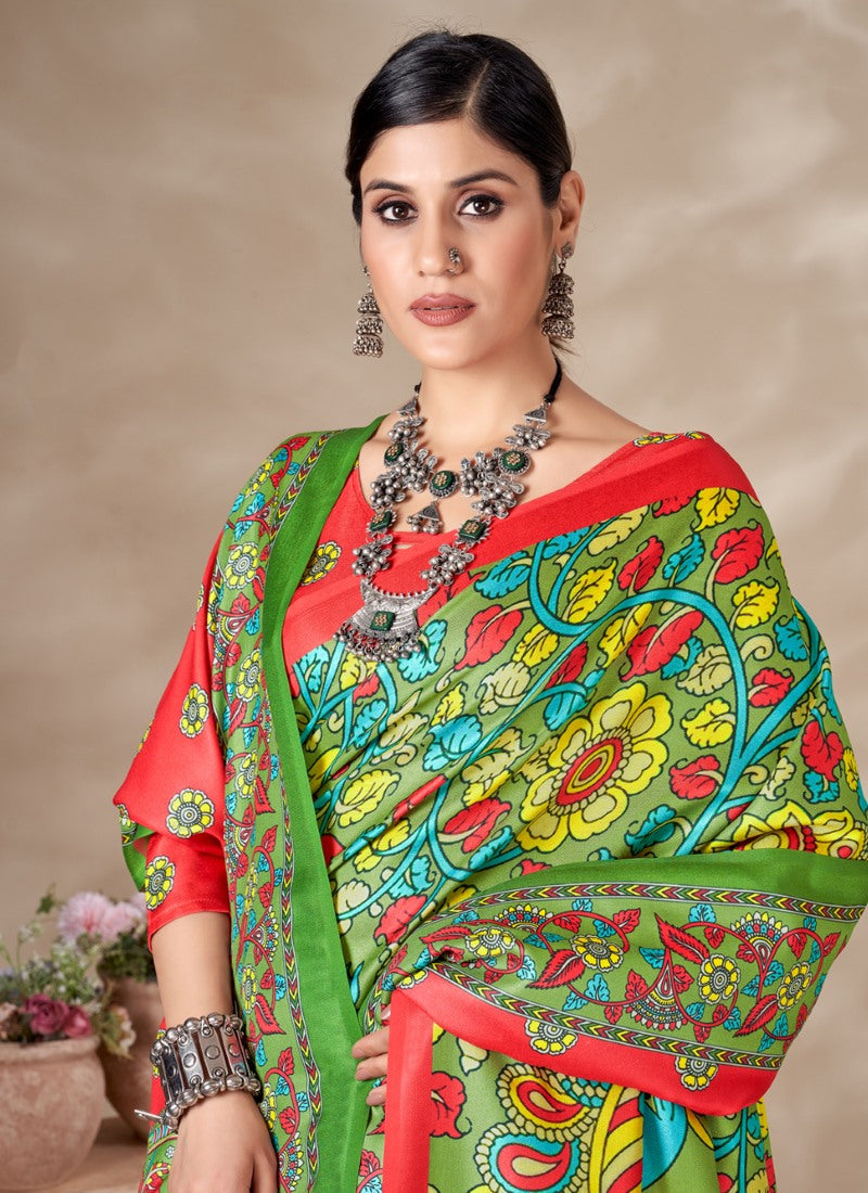 Pista Green Pashmina Saree With Print Work-2