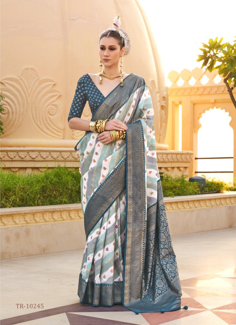 Teal Blue Pure Silk Saree