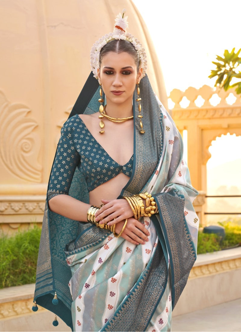 Teal Blue Pure Silk Saree