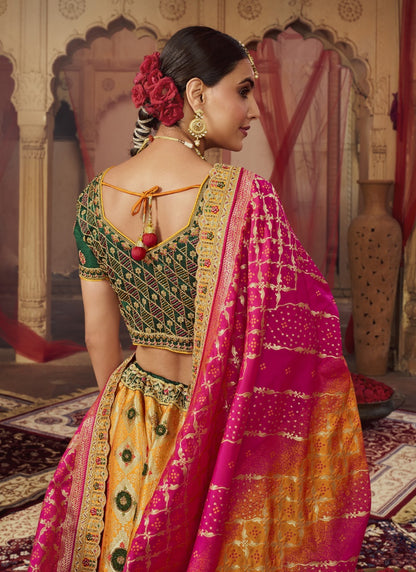 Yellow and Green Banarasi Silk Bridal Lehenga Choli With Heavy Embroidery Work-2