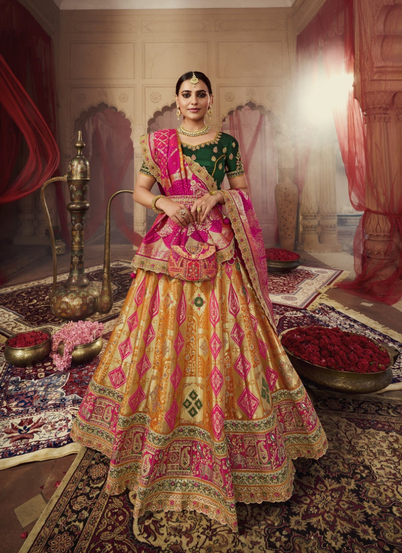 Yellow and Green Banarasi Silk Bridal Lehenga Choli With Heavy Embroidery Work