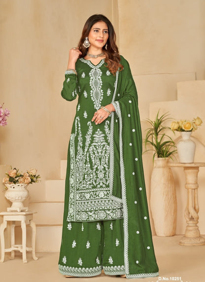 Green Art Silk Wide Palazzo Suit With Embroidery Work