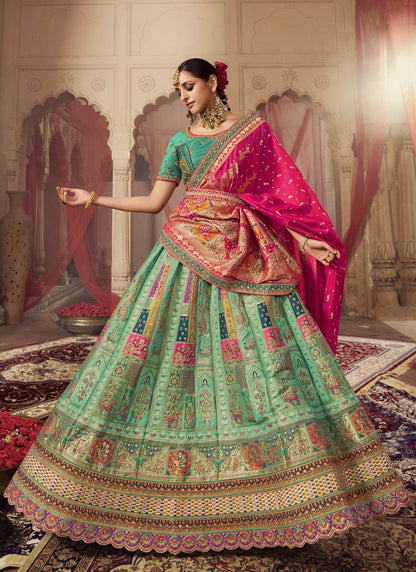 Sea Green Banarasi Silk Bridal Lehenga Choli With Heavy Embroidery Work