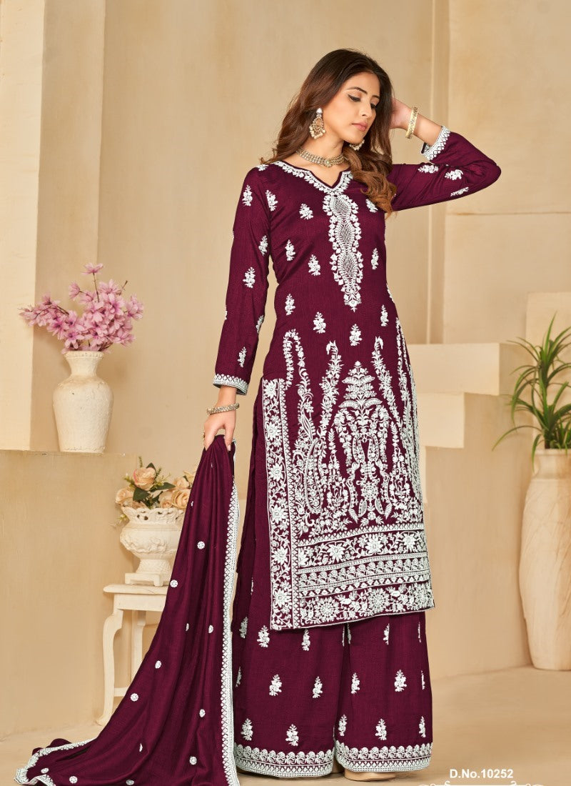 Purple Art Silk Wide Palazzo Suit With Embroidery Work-2