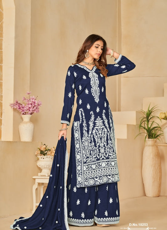 Blue Art Silk Wide Palazzo Suit With Embroidery Work