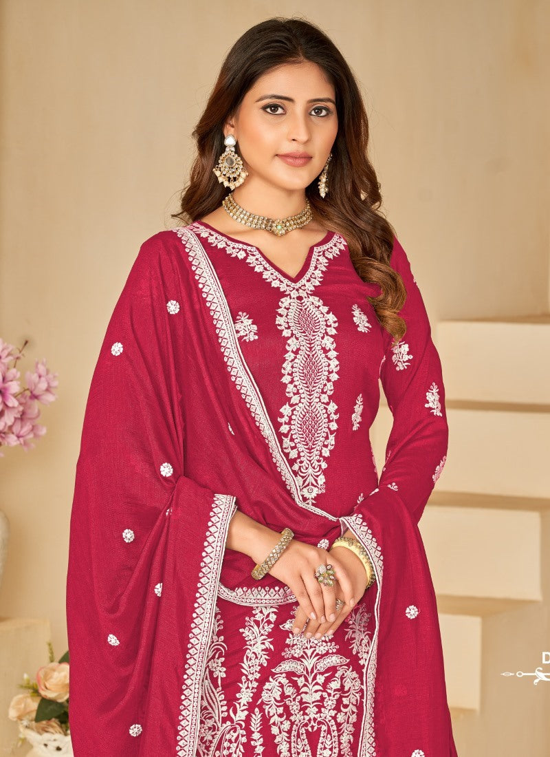 Magenta Art Silk Wide Palazzo Suit With Embroidery Work-2