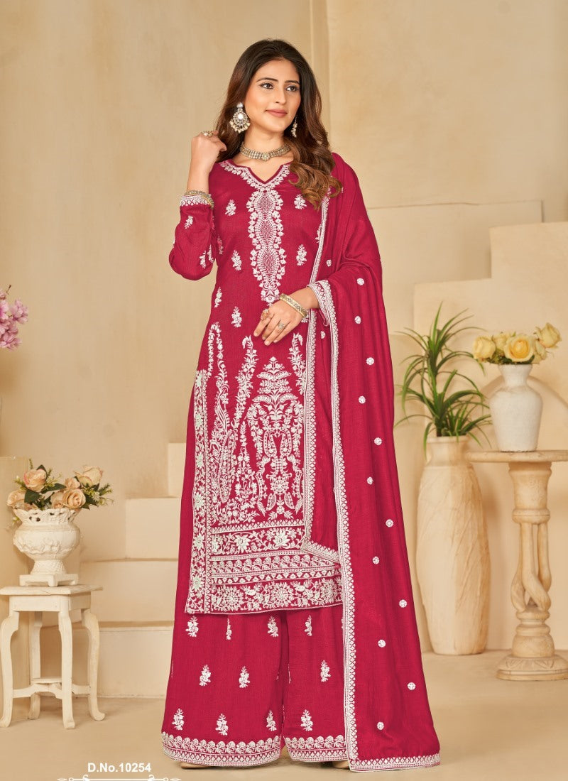 Magenta Art Silk Wide Palazzo Suit With Embroidery Work