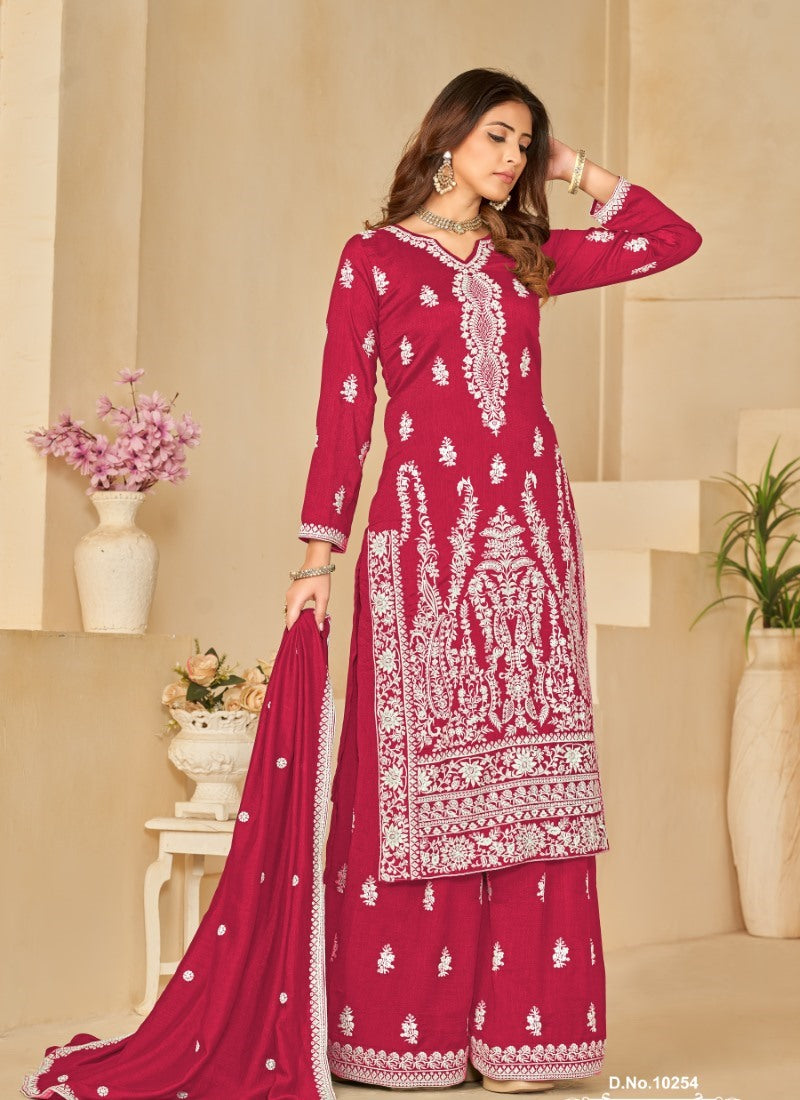 Magenta Art Silk Wide Palazzo Suit With Embroidery Work-2