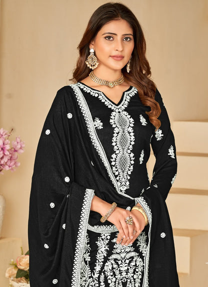 Black Art Silk Wide Palazzo Suit With Embroidery Work-2