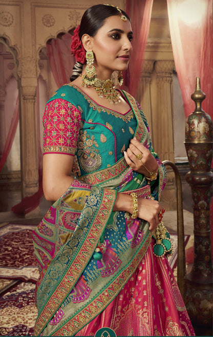 Pink and Green Banarasi Silk Bridal Lehenga Choli With Heavy Embroidery Work-2