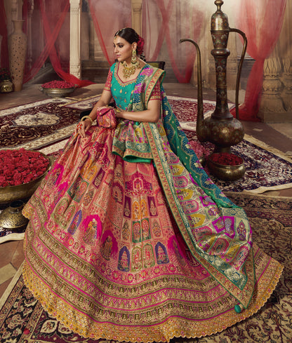 Pink and Green Banarasi Silk Bridal Lehenga Choli With Heavy Embroidery Work-2