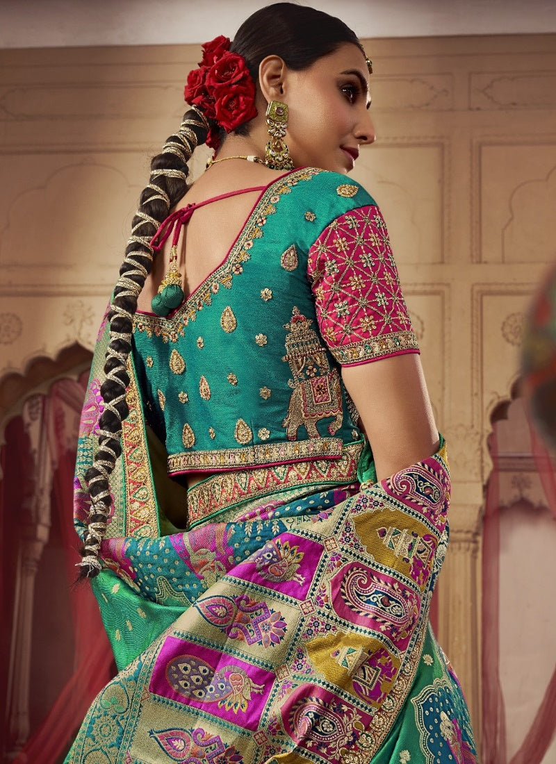 Pink and Green Banarasi Silk Bridal Lehenga Choli With Heavy Embroidery Work-2