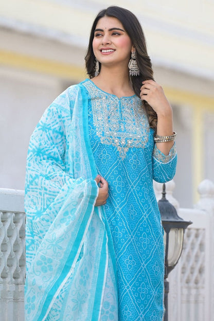 Sky Blue Cotton Bandhani Salwar Kameez Dress