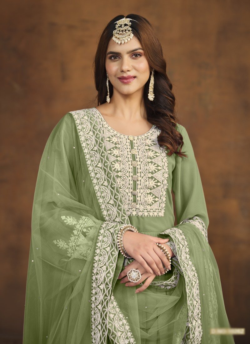 Pista Green Georgette Wide Palazzo Salwar Suit With Embroiderey Work-2