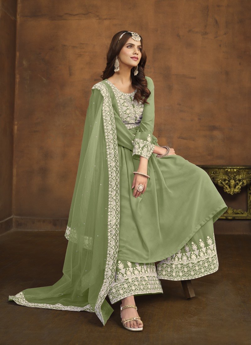 Pista Green Georgette Wide Palazzo Salwar Suit With Embroiderey Work-2