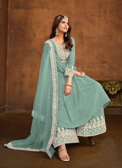 Sky Blue Georgette Wide Palazzo Salwar Suit With Embroiderey Work-2