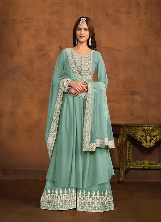 Sky Blue Georgette Wide Palazzo Salwar Suit With Embroiderey Work