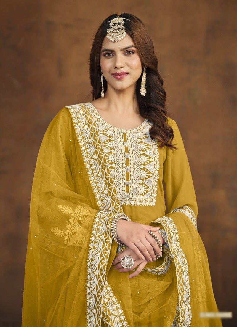 Yellow Georgette Wide Palazzo Salwar Suit With Embroiderey Work-2