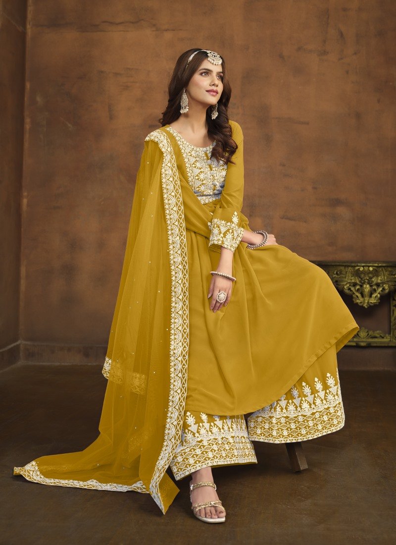 Yellow Georgette Wide Palazzo Salwar Suit With Embroiderey Work-2