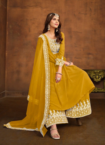 Yellow Georgette Wide Palazzo Salwar Suit With Embroiderey Work-2