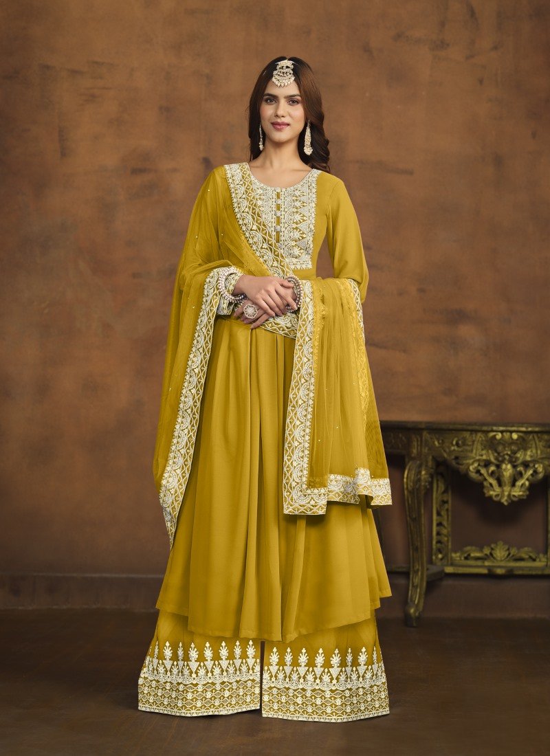 Yellow Georgette Wide Palazzo Salwar Suit With Embroiderey Work