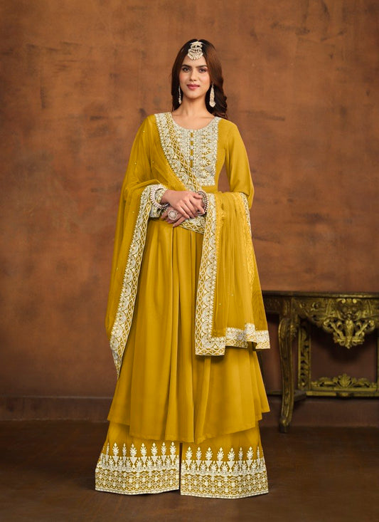 Yellow Georgette Wide Palazzo Salwar Suit With Embroiderey Work