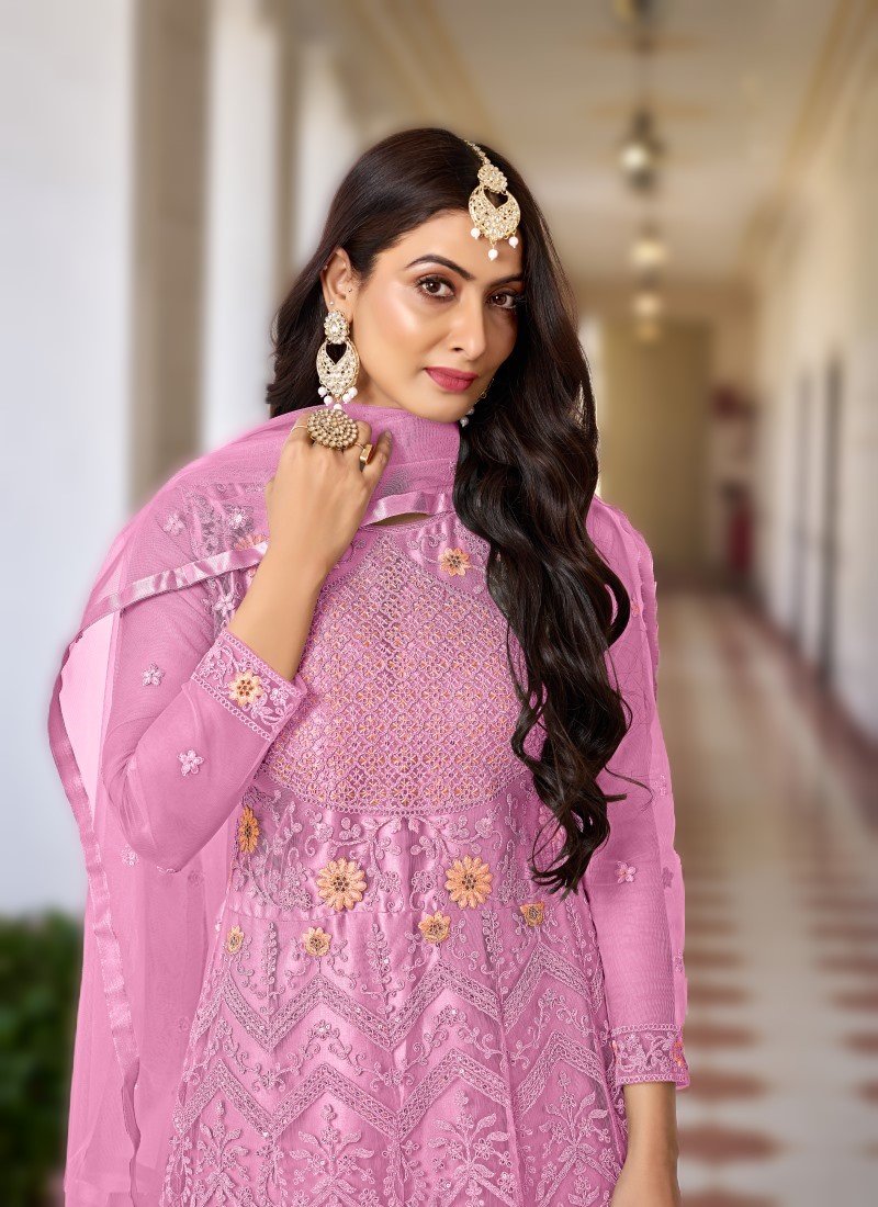 Pink Net Anarkali Suit with Embroidered Work-2