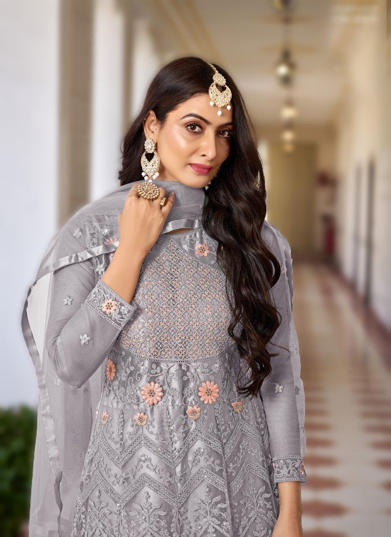 Gray Net Anarkali Suit with Embroidered Work-2