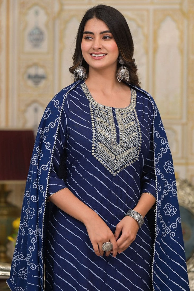 Navy Blue Cotton Leheriya Salwar Kameez Dress