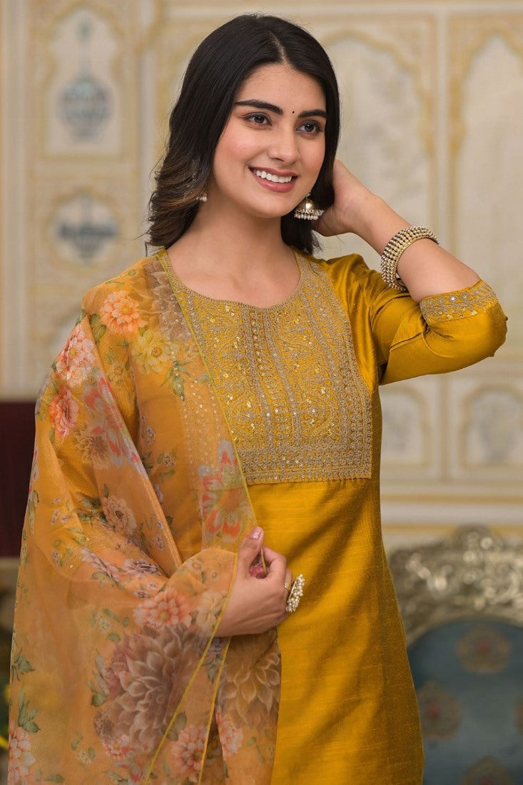 Yallow Silk Embroidery Salwar Kameez Dress