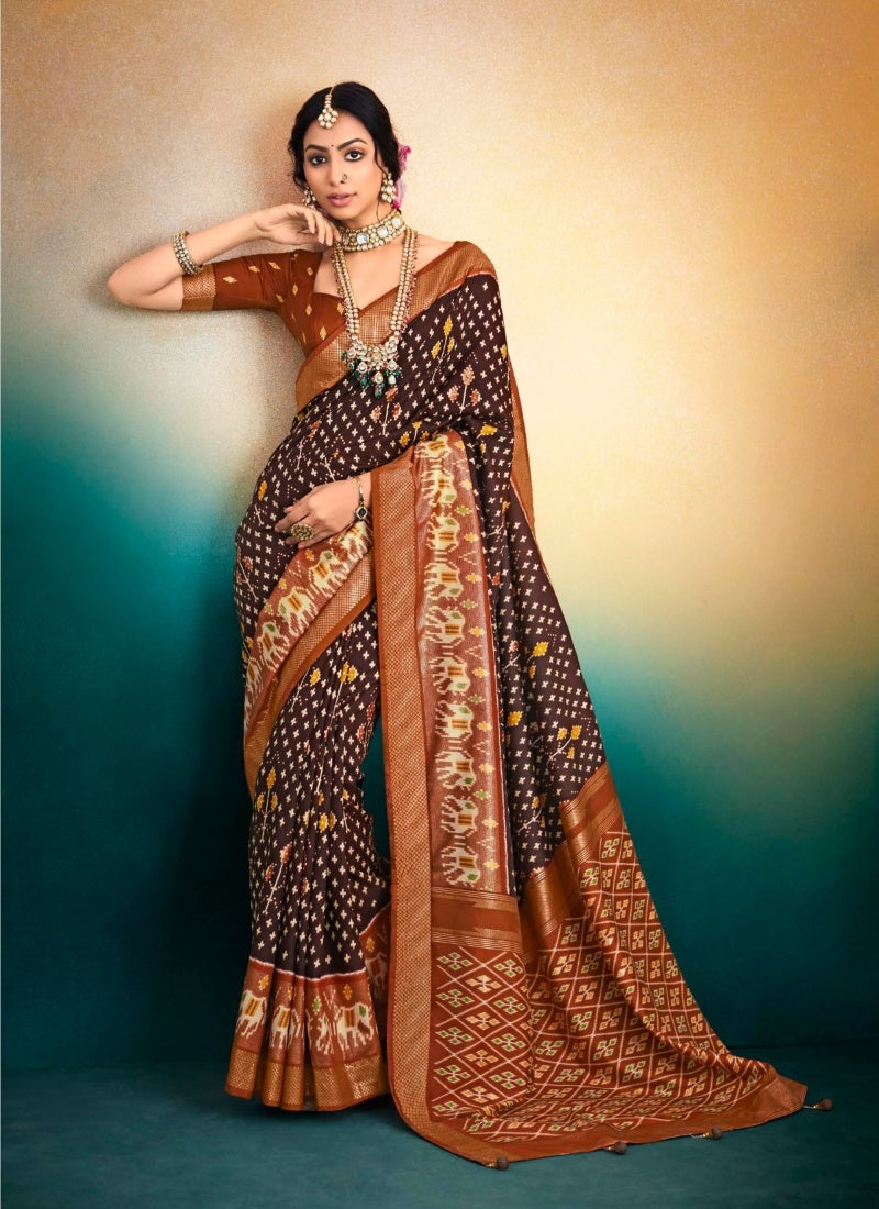 Brown Tusser Silk Patola Saree