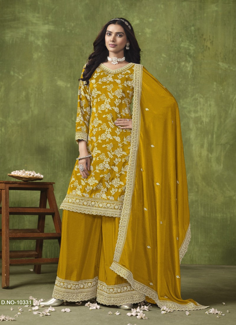 Yellow Wide Palazzo Suit With Embroidery and Sequins Work