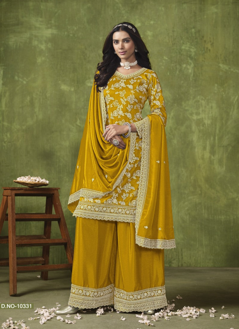 Yellow Wide Palazzo Suit With Embroidery and Sequins Work