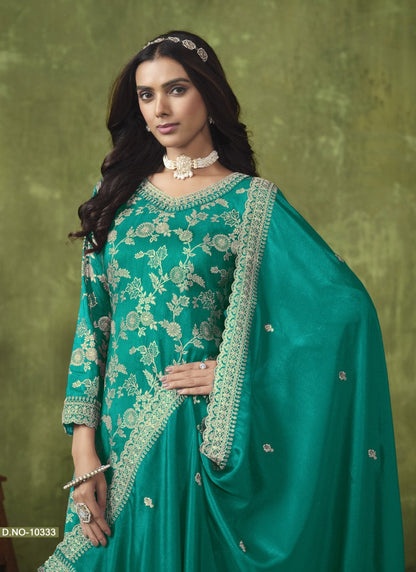 Green Wide Palazzo Suit With Embroidery and Sequins Work