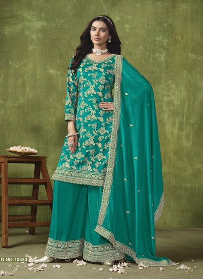 Green Wide Palazzo Suit With Embroidery and Sequins Work