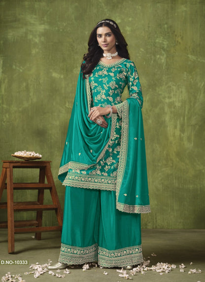 Green Wide Palazzo Suit With Embroidery and Sequins Work