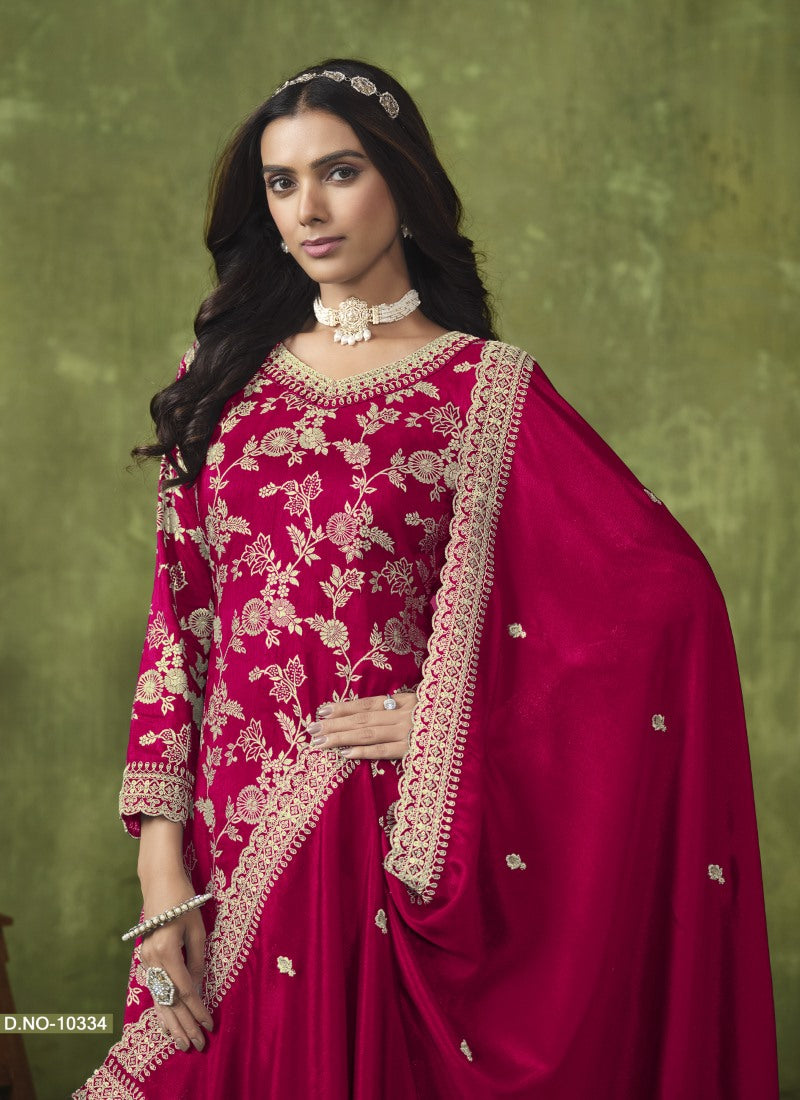 Red Wide Palazzo Suit With Embroidery and Sequins Work