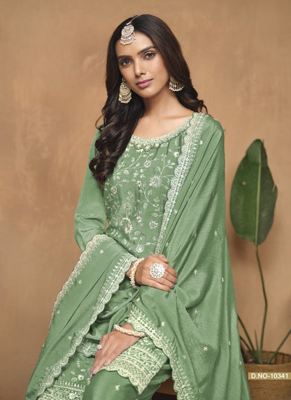 Green Wide Palazzo Suit With Embroidery Work